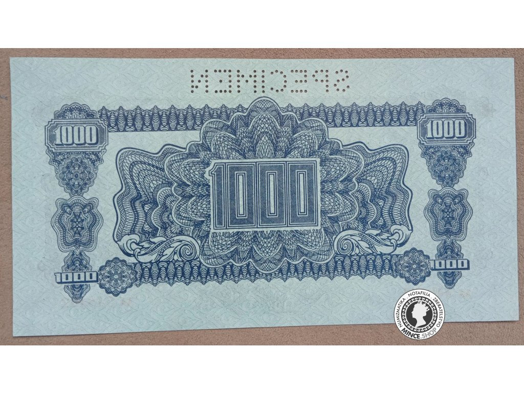 1000 Korunová poukážka kolkovaná - 1944 - Česko-Slovensko - SPECIMEN