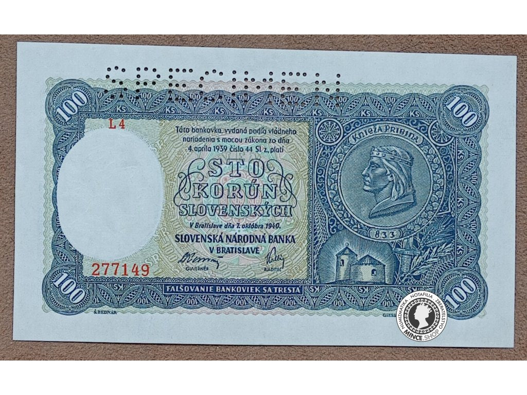 100 Korún - 1940 - Slovenský Štát / Česko-Slovensko - SPECIMEN - 1.vydanie